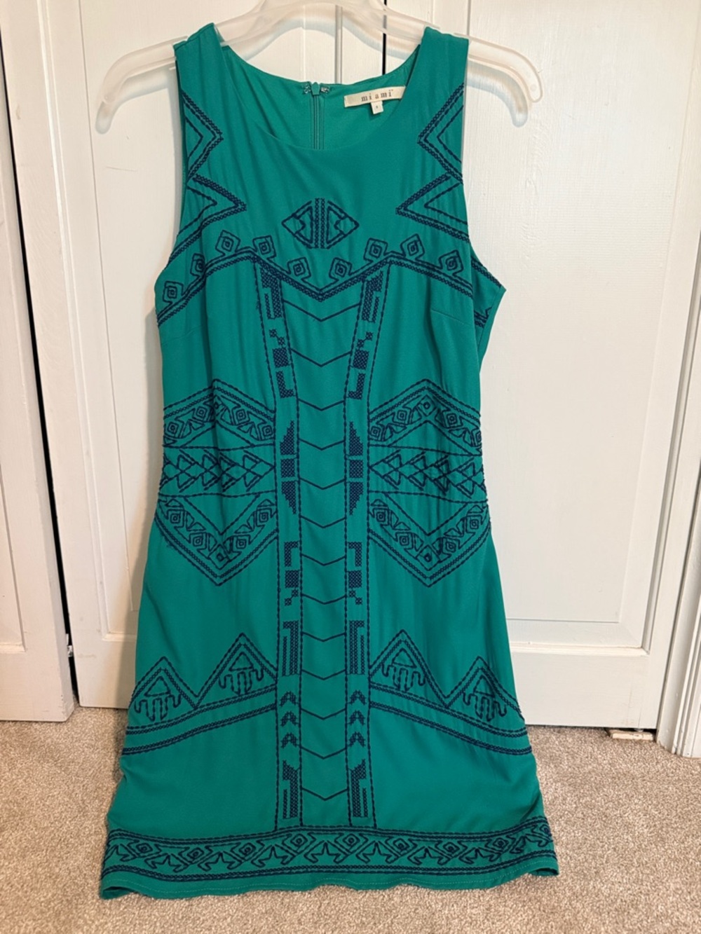 miami Teal Sleeveless Embroidered Shift Dress